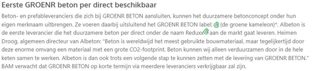 Eerste GROENR beton per direct beschikbaar 